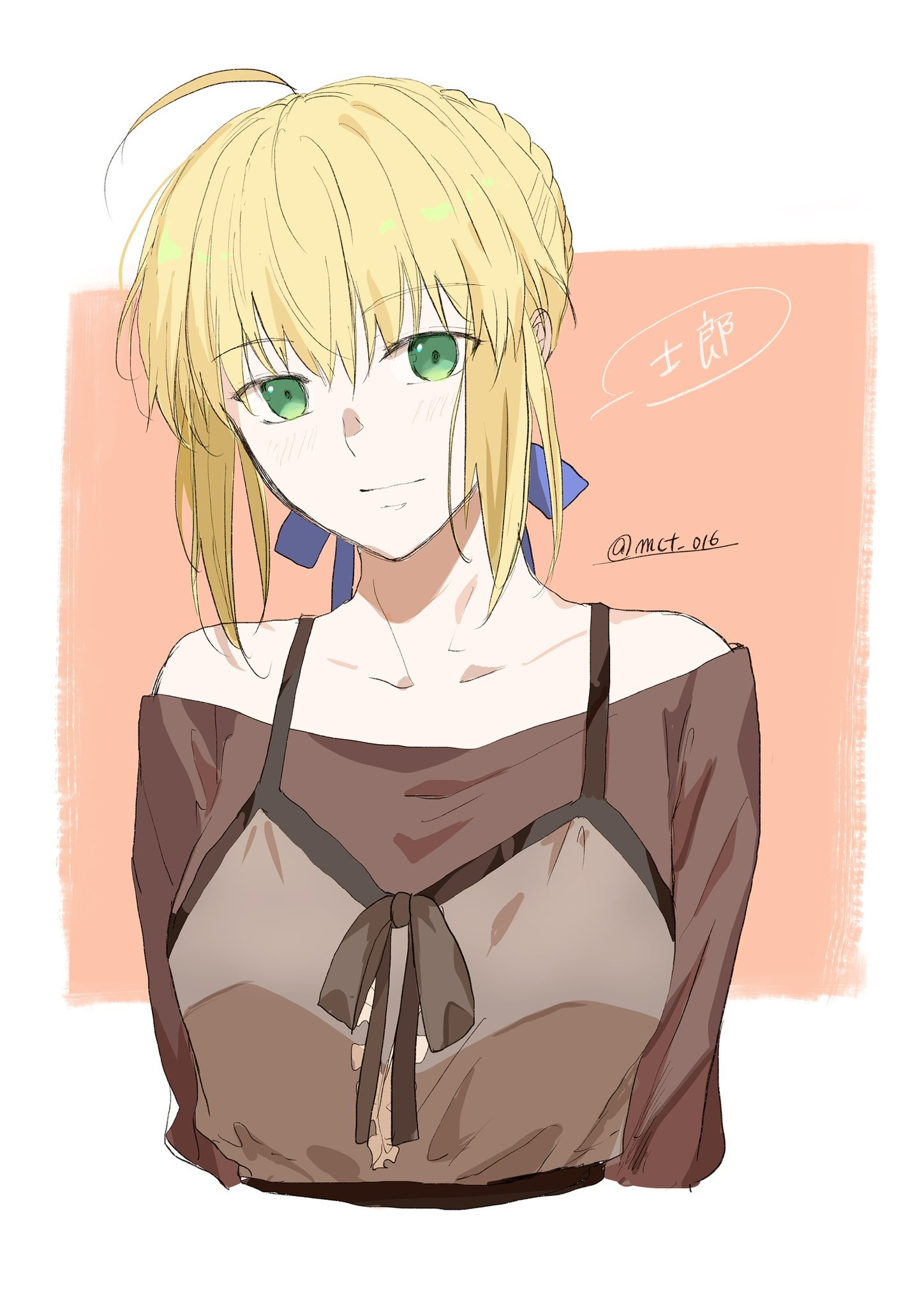 mct, artoria pendragon (fate), saber (fate), fate/stay night, fate (series), highres, 1girl, ahoge, artist name, blonde hair, braid, braided bun, bun with braided base, green eyes, hair bun, shirt, signature, twitter username, upper body
