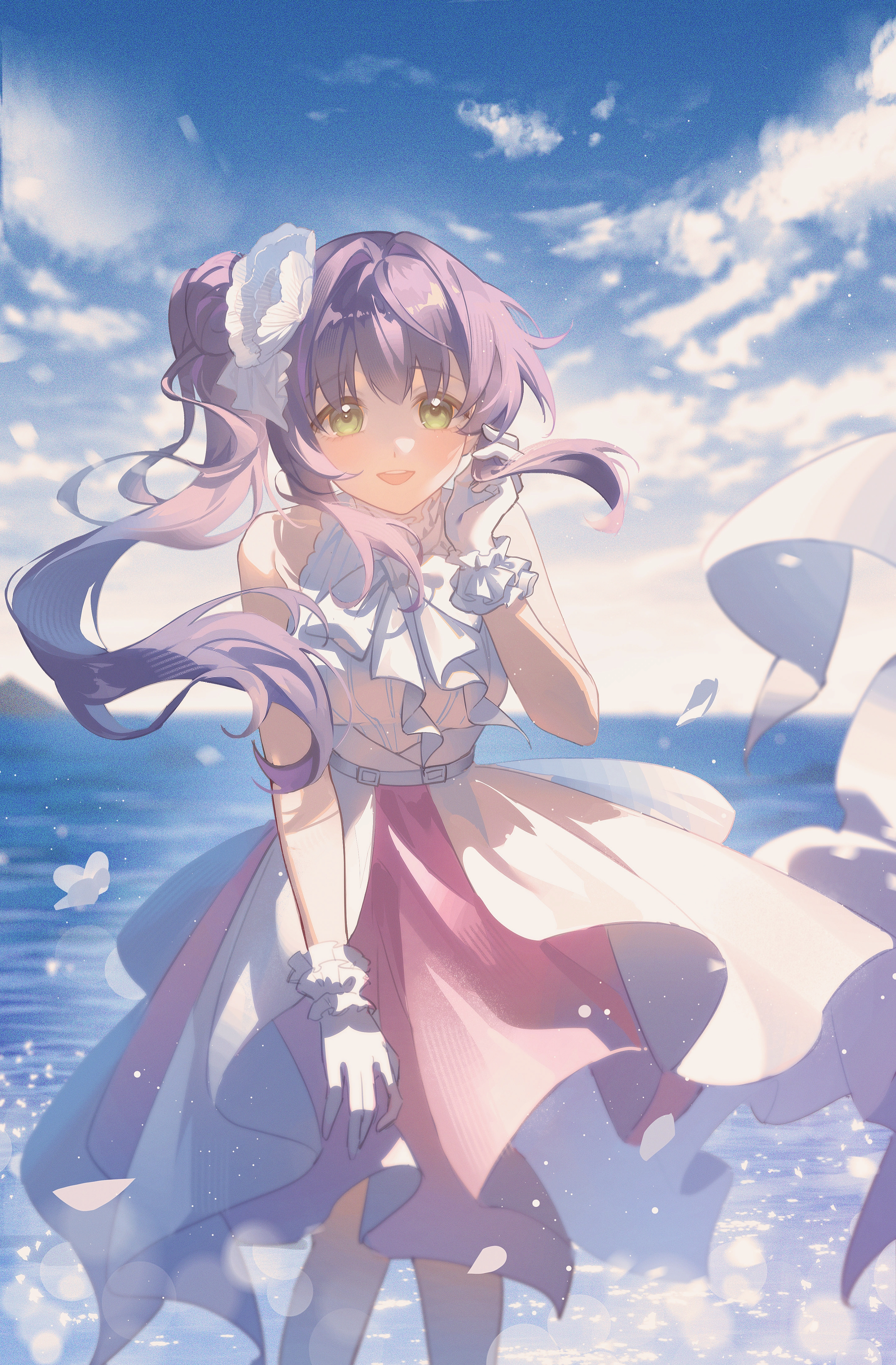 maoerduo meow, otomune kozue, link! like! love live!, love live!, absurdres, commentary, english commentary, highres, 1girl, day, gloves, green eyes, hand up, light particles, long hair, looking at viewer, ocean, open mouth, outdoors, purple hair, side ponytail, solo, teeth, upper teeth only, virtual youtuber, white background, white gloves