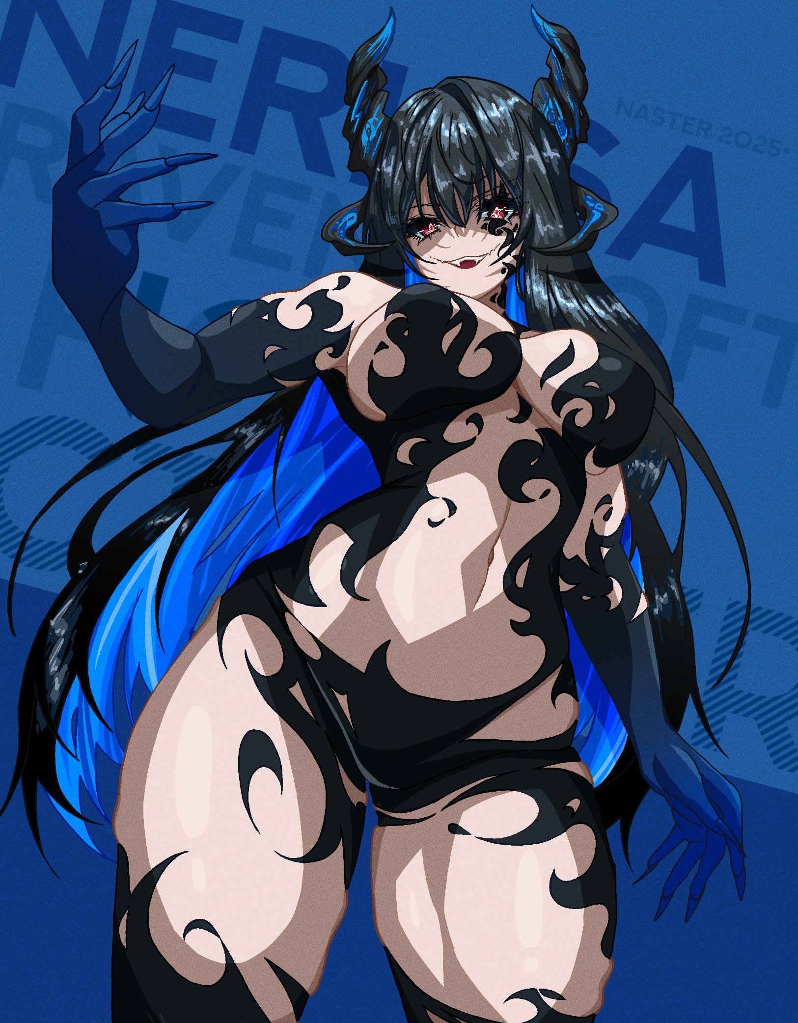 nasterro, nerissa ravencroft, hololive, hololive english, highres, 1girl, alternate costume, bare shoulders, black hair, blue hair, breasts, character name, demon, horns, large breasts, long hair, multicolored hair, navel, open mouth, red eyes, smile, solo, two-tone hair, virtual youtuber