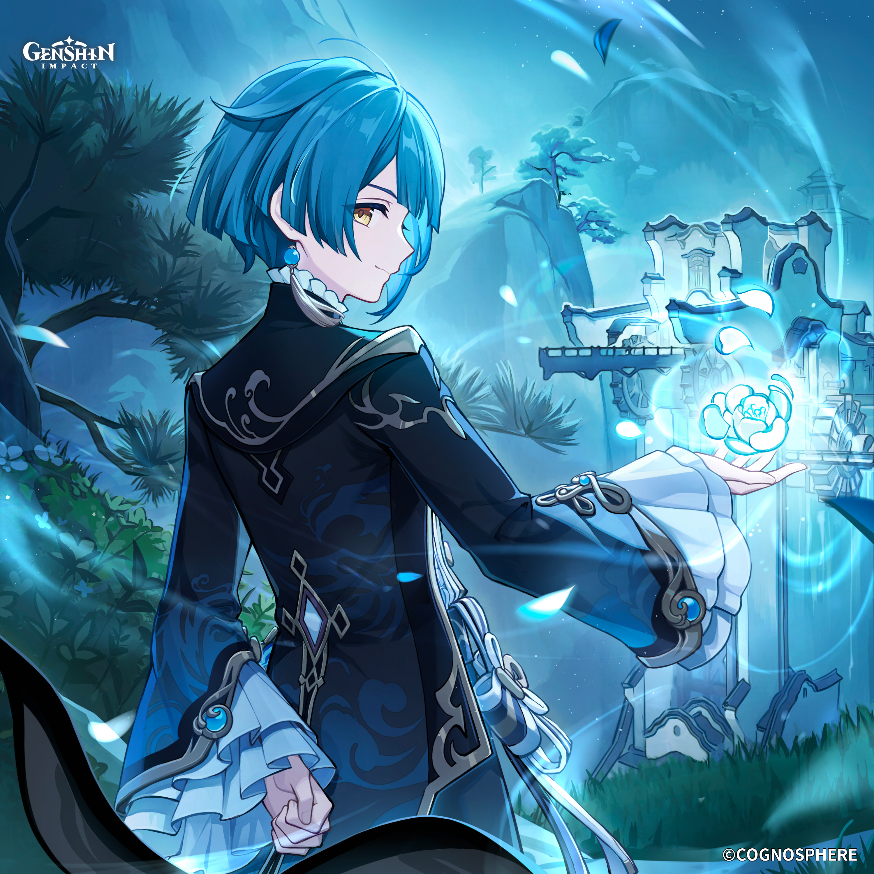 xingqiu (genshin impact), genshin impact, absurdres, commentary, english commentary, highres, official art, 1boy, architecture, asymmetrical hair, blue coat, blue flower, blue hair, bow, building, bush, chinese clothes, closed mouth, coat, company name, copyright name, copyright notice, earrings, east asian architecture, energy, floating, floating object, flower, frilled shirt collar, frilled sleeves, frills, gold trim, grass, hand up, jewelry, long sleeves, looking at viewer, looking back, male focus, mountain, night, night sky, outdoors, parted bangs, short hair, sky, smile, solo, standing, star (sky), starry sky, tassel, tassel earrings, tree, water wheel, white bow, wide sleeves, yellow eyes