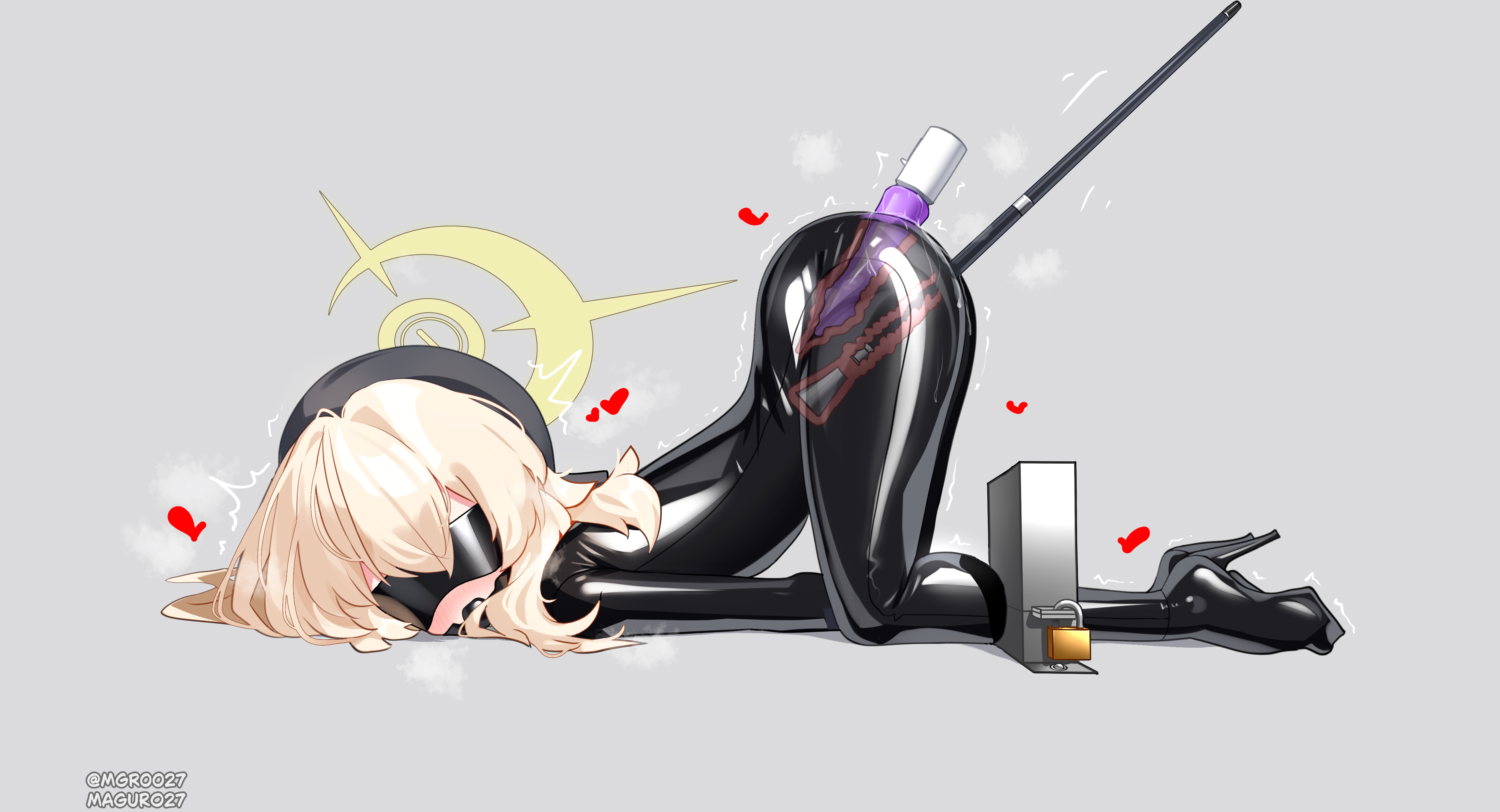 maguro27, professor niyaniya (blue archive), blue archive, fluffy hair, absurdres, highres, 1girl, alternate costume, anal, anal object insertion, ball gag, bdsm, beret, black bodysuit, black hat, blindfold, blonde hair, bodysuit, bound, cane, covered eyes, double penetration, gag, gagged, halo, hat, heart, impossible bodysuit, impossible clothes, latex, latex bodysuit, long hair, object insertion, restrained, skin tight, solo, stationary restraints, top-down bottom-up, vaginal, vaginal object insertion, x-ray, yellow halo