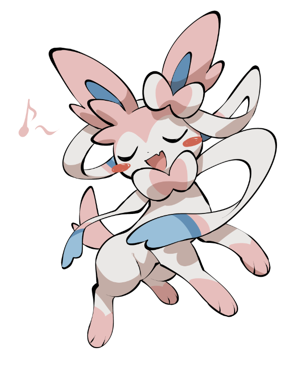 yumeminoideyu2, sylveon, nintendo, pokemon, :d, animal focus, animal hands, blush stickers, closed eyes, fang, full body, gen 6 pokemon, looking at viewer, musical note, no humans, open mouth, pink fur, pokemon (creature), pokemon focus, simple background, skin fang, smile, solo, standing, two-tone fur, white background, white fur