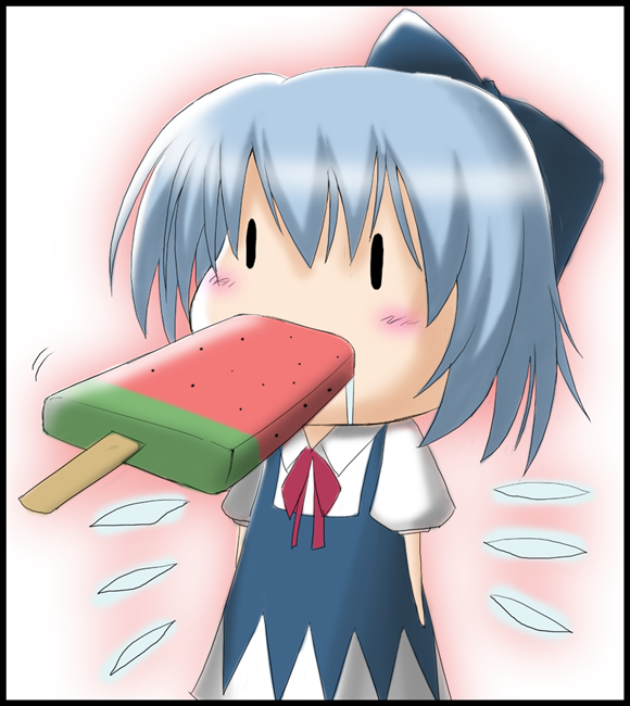 sakurame, cirno, embodiment of scarlet devil, touhou, bad id, bad pixiv id, 1girl, blue hair, blush, chibi, dress, female focus, food, fruit, gradient background, ice cream, popsicle, ribbon, saliva, short hair, solo, watermelon, watermelon bar, white background, wings, | |