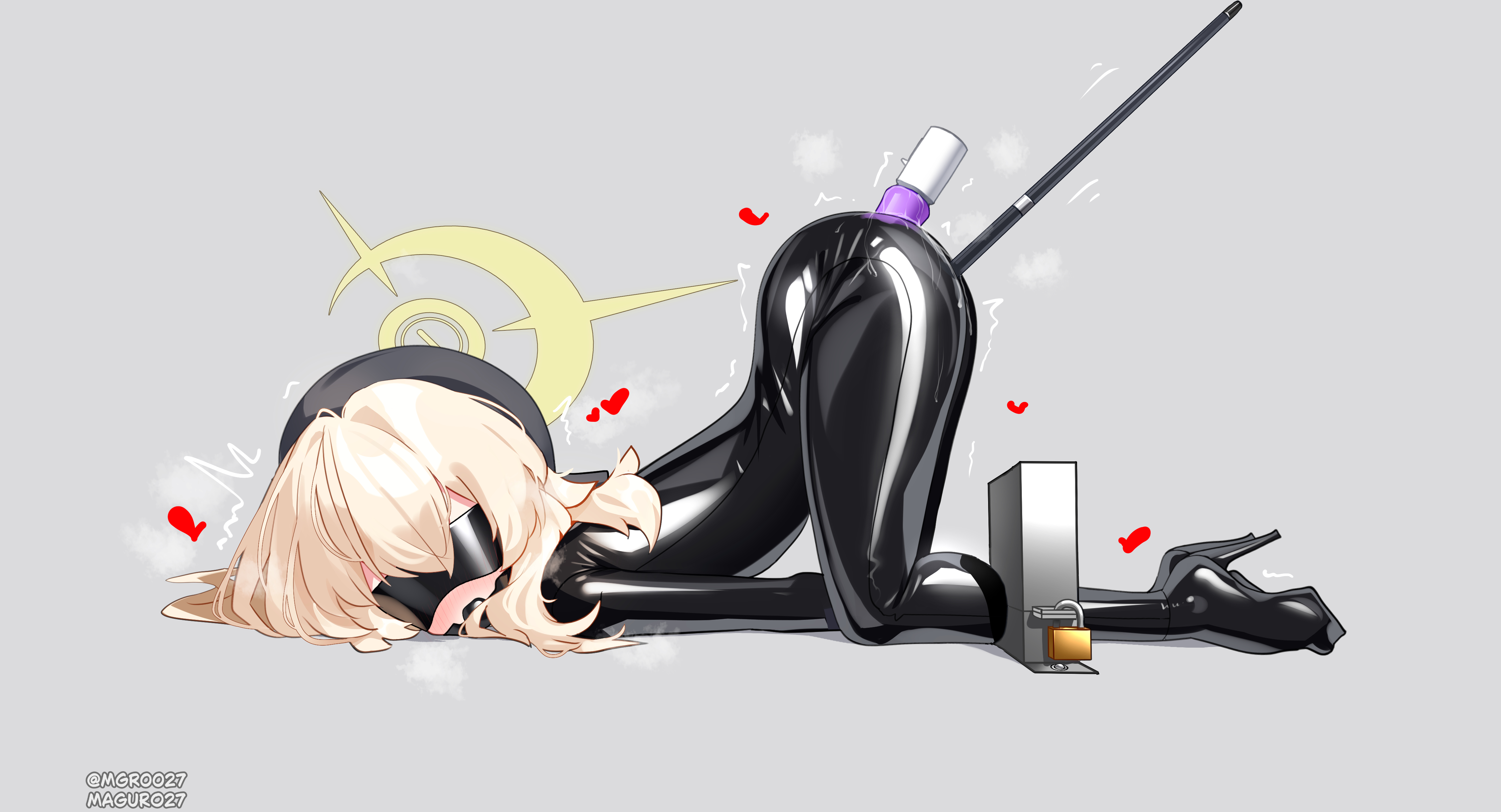 maguro27, professor niyaniya (blue archive), blue archive, fluffy hair, absurdres, highres, 1girl, alternate costume, anal, anal object insertion, ball gag, bdsm, beret, black bodysuit, black hat, blindfold, blonde hair, bodysuit, bound, cane, covered eyes, double penetration, gag, gagged, halo, hat, heart, impossible bodysuit, impossible clothes, latex, latex bodysuit, long hair, object insertion, restrained, skin tight, solo, stationary restraints, top-down bottom-up, vaginal, vaginal object insertion, yellow halo
