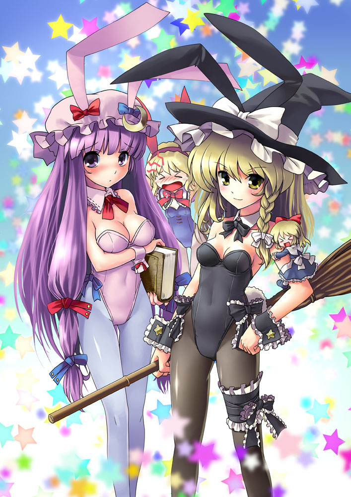 katahira masashi, alice margatroid, kirisame marisa, patchouli knowledge, shanghai doll, touhou, black legwear, blue legwear, > <, 3girls, adapted costume, animal ears, blonde hair, blush, book, braid, breasts, broom, cleavage, closed eyes, female focus, hat, long hair, multiple girls, pantyhose, playboy bunny, purple eyes, purple hair, rabbit ears, rabbit tail, smile, star (symbol), tail, witch hat, wrist cuffs, yellow eyes
