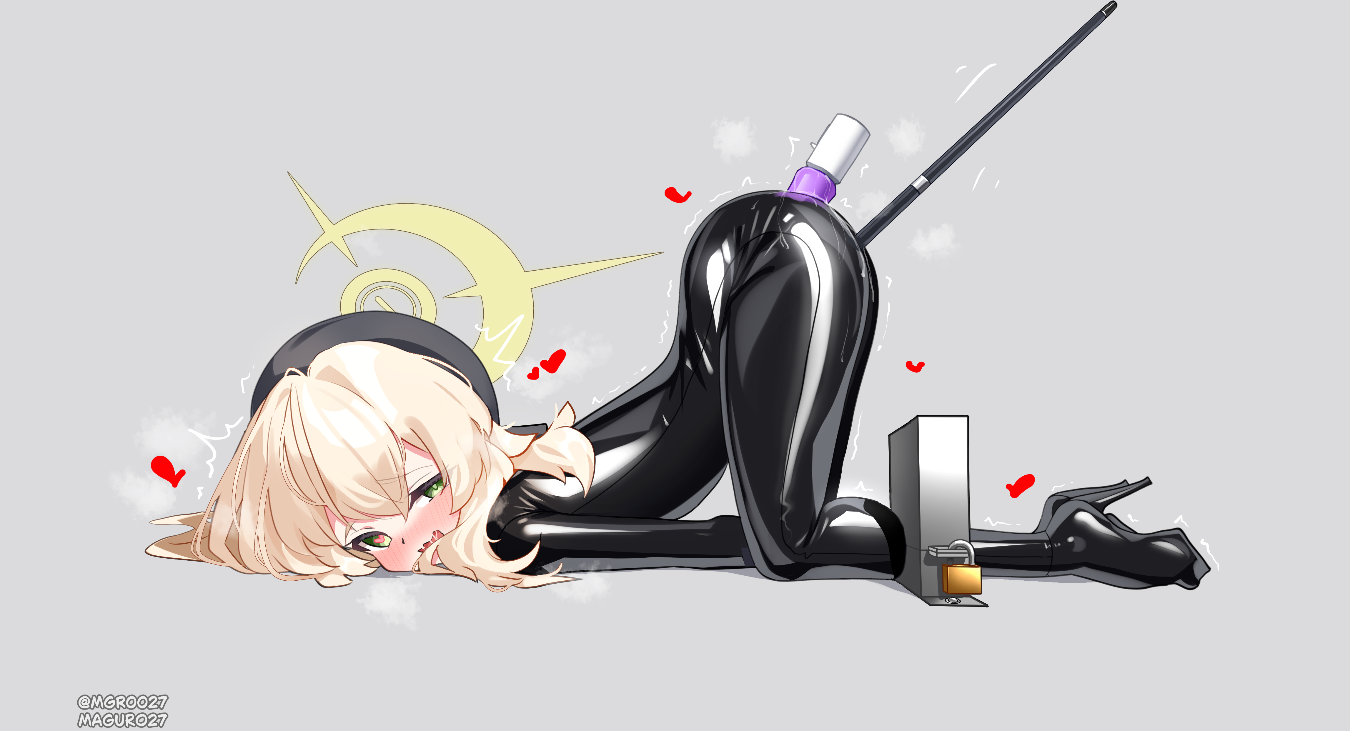 maguro27, professor niyaniya (blue archive), blue archive, fluffy hair, absurdres, highres, 1girl, alternate costume, anal, anal object insertion, bdsm, beret, black bodysuit, black hat, blonde hair, bodysuit, bound, cane, double penetration, green eyes, halo, hat, heart, heart-shaped pupils, impossible bodysuit, impossible clothes, latex, latex bodysuit, long hair, object insertion, restrained, skin tight, solo, stationary restraints, symbol-shaped pupils, top-down bottom-up, vaginal, vaginal object insertion, yellow halo