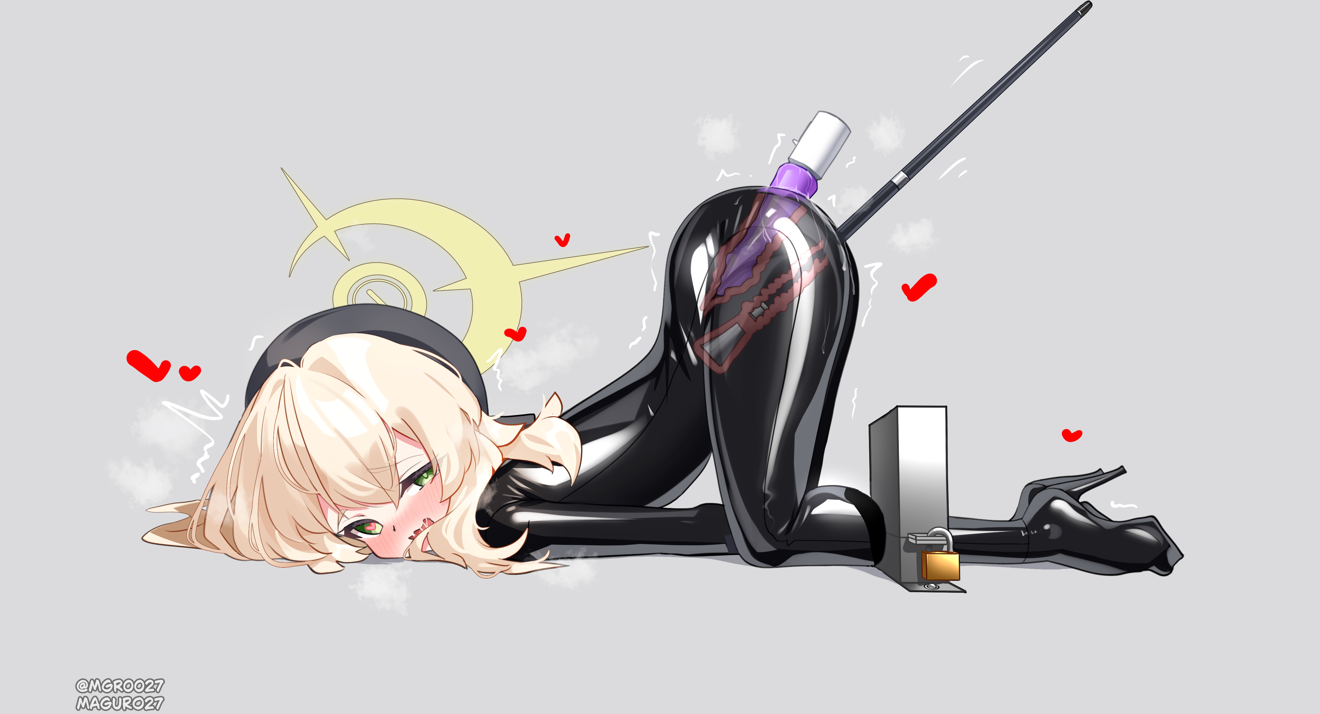 maguro27, professor niyaniya (blue archive), blue archive, fluffy hair, absurdres, highres, 1girl, alternate costume, anal, anal object insertion, bdsm, beret, black bodysuit, black hat, blonde hair, bodysuit, bound, cane, double penetration, green eyes, halo, hat, heart, heart-shaped pupils, impossible bodysuit, impossible clothes, latex, latex bodysuit, long hair, object insertion, restrained, skin tight, solo, stationary restraints, symbol-shaped pupils, top-down bottom-up, vaginal, vaginal object insertion, x-ray, yellow halo