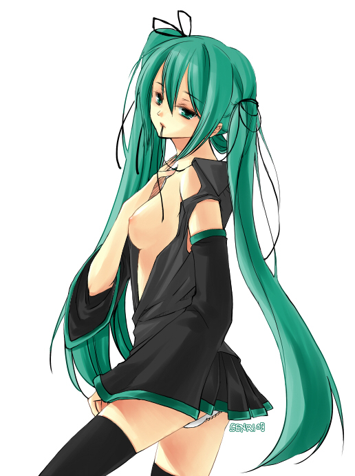 senri (nazerine), senri (pixiv196380), hatsune miku, vocaloid, bad id, bad pixiv id, 1girl, aqua eyes, aqua hair, breasts, detached sleeves, female focus, green eyes, green hair, long hair, matching hair/eyes, medium breasts, mouth hold, nipples, open clothes, open shirt, panties, shirt, skirt, solo, thighhighs, twintails, underwear, very long hair, zettai ryouiki