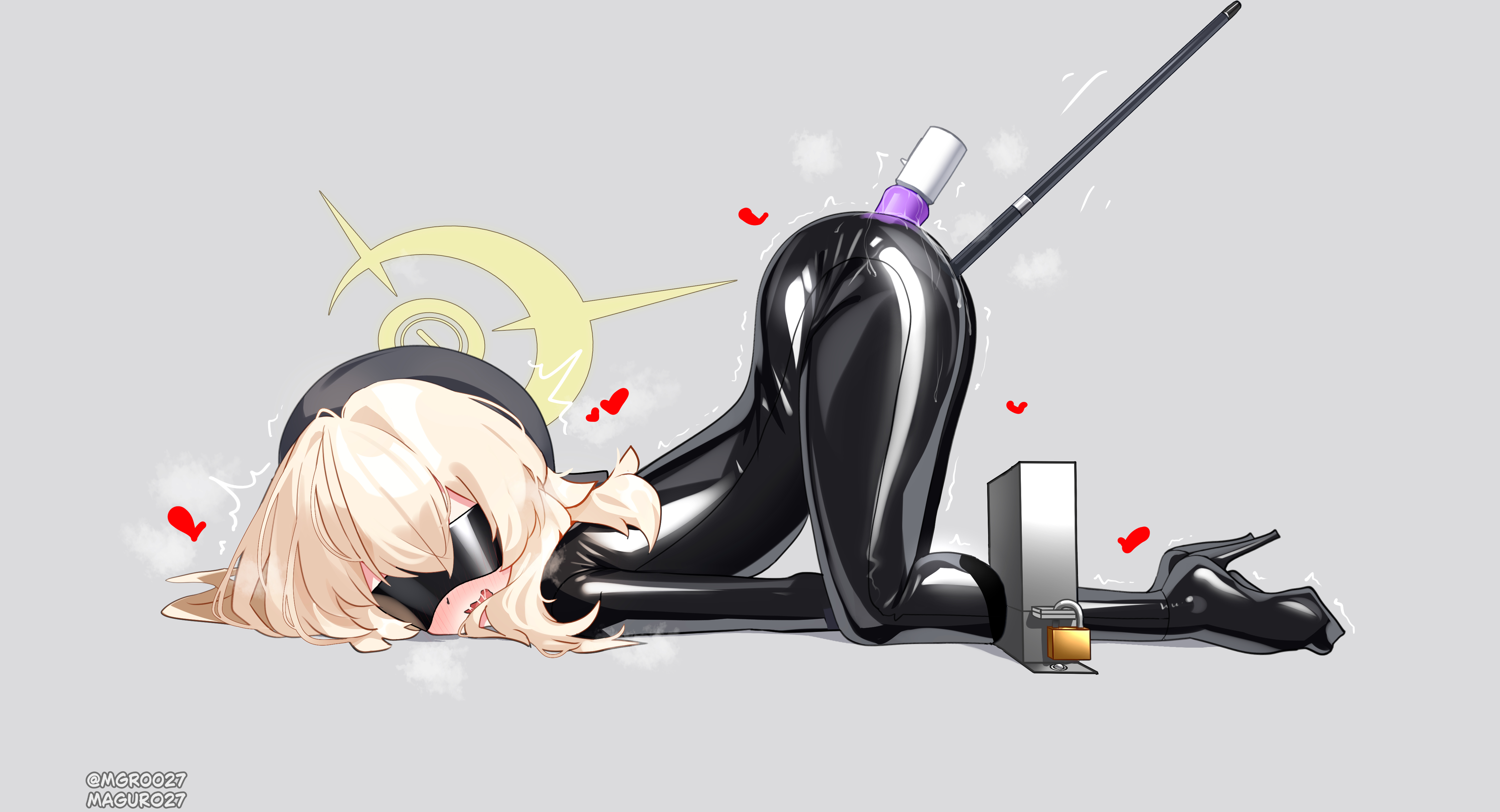 maguro27, professor niyaniya (blue archive), blue archive, fluffy hair, absurdres, highres, 1girl, alternate costume, anal, anal object insertion, bdsm, beret, black bodysuit, black hat, blindfold, blonde hair, bodysuit, bound, cane, covered eyes, double penetration, halo, hat, heart, impossible bodysuit, impossible clothes, latex, latex bodysuit, long hair, object insertion, restrained, skin tight, solo, stationary restraints, top-down bottom-up, vaginal, vaginal object insertion, yellow halo
