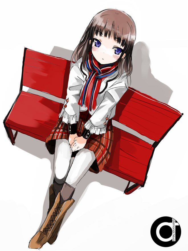 gotyou, bad id, bad pixiv id, bench, blue eyes, boots, brown boots, brown hair, lace-up boots, pantyhose, plaid clothes, plaid skirt, scarf, skirt, solo, white pantyhose, wooden bench