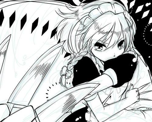 chigo, izayoi sakuya, touhou, lowres, 1girl, between fingers, female focus, greyscale, holding, holding knife, knife, knives between fingers, monochrome, solo, throwing knife, weapon
