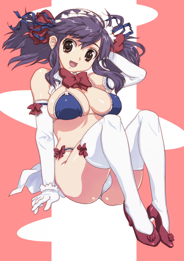 hirose (mokiki), original, bikini, blue bikini, bow, breasts, brown eyes, elbow gloves, gloves, high heels, large breasts, legs, purple hair, shoes, sitting, solo, swimsuit, thighhighs, twintails