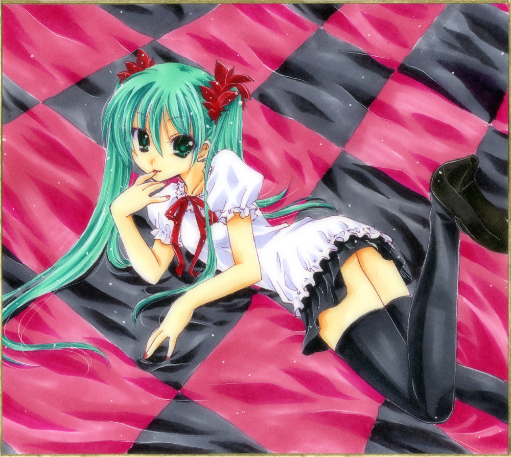 imoko., maiko (artist), hatsune miku, vocaloid, world is mine (vocaloid), traditional media, 1girl, aqua hair, female focus, green eyes, lying, shikishi, skirt, solo, thighhighs, twintails