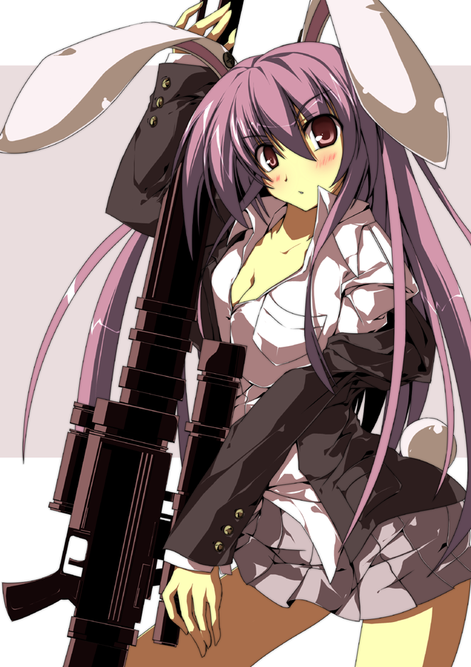 sakurame, reisen udongein inaba, touhou, bad id, bad pixiv id, 1girl, animal ears, blush, breasts, female focus, gun, long hair, purple hair, rabbit ears, rabbit girl, rabbit tail, red eyes, solo, standing, tail, weapon, white background
