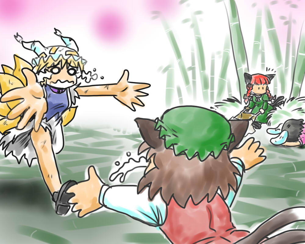 bit (kksbit), chen, inaba tewi, kaenbyou rin, yakumo ran, touhou, bit, bad id, bad pixiv id, 4girls, ^^^, animal ears, animal hat, bamboo, bamboo forest, black hair, blonde hair, braid, cat ears, cat girl, cat tail, dress, female focus, forest, fox tail, hat, long sleeves, mob cap, multiple girls, multiple tails, nature, no mouth, orange hair, rabbit ears, red hair, running, short hair, tail, tassel, tears, thighs, torn clothes, twin braids