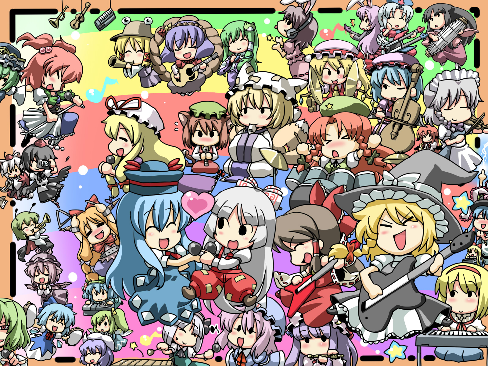 tukiwani, alice margatroid, chen, cirno, daiyousei, flandre scarlet, fujiwara no mokou, hakurei reimu, hinanawi tenshi, hong meiling, houraisan kaguya, ibuki suika, inaba tewi, inubashiri momiji, izayoi sakuya, kamishirasawa keine, kawashiro nitori, kazami yuuka, kirisame marisa, koakuma, kochiya sanae, konpaku youmu, letty whiterock, lunasa prismriver, lyrica prismriver, merlin prismriver, moriya suwako, mystia lorelei, nagae iku, onozuka komachi, patchouli knowledge, reisen udongein inaba, remilia scarlet, saigyouji yuyuko, shameimaru aya, shanghai doll, shiki eiki, wriggle nightbug, yagokoro eirin, yakumo ran, yakumo yukari, yasaka kanako, saturday night fever, touhou, silver hair, highres, >:), >:d, > <, . ., 6+girls, :>, :<, :d, ;d, = =, ^^^, ^ ^, animal ears, annoyed, antennae, apron, arm up, arms up, ascot, bat wings, black dress, black hair, black wings, blonde hair, blue dress, blue hair, blunt bangs, blush, border, bow, braid, brown hair, camera, capelet, castanets, cat ears, cat girl, cat tail, cello, chain, chibi, clapping, closed eyes, crescent, cymbals, d:, d:<, detached sleeves, double neck guitar, dress, drum, drum set, electric guitar, everyone, eyelashes, fang, female focus, flower, flute, flying sweatdrops, frog, geta, green hair, guitar, hair bow, hair flower, hair ornament, hand on own cheek, hand on own face, hands in opposite sleeves, happy, hat, head wings, headphones, heart, horn (instrument), horn ornament, horn ribbon, horns, instrument, japanese clothes, keyboard, keyboard (instrument), large bow, long sleeves, maid, maid apron, maid headdress, matching shanghai, microphone, miko, multiple girls, multiple tails, music, musical note, necktie, one eye closed, open mouth, outstretched arms, own hands together, pants, phonograph, pink hair, purple dress, purple hair, quaver, recorder, red dress, red eyes, red hair, ribbon, rope, saxophone, shimenawa, short sleeves, side ponytail, simple background, singing, sitting, skirt, skirt set, slit pupils, smile, snake, spread arms, star (symbol), surprised, suspenders, sweatdrop, symmetrical hand pose, tail, tambourine, team 9 (touhou), tengu-geta, tokin hat, triangle (instrument), triangle mouth, triangular headpiece, trumpet, turntable, twin braids, two side up, v-shaped eyebrows, vest, violin, waist apron, whistle, wings, wink, wolf ears, xd, xylophone