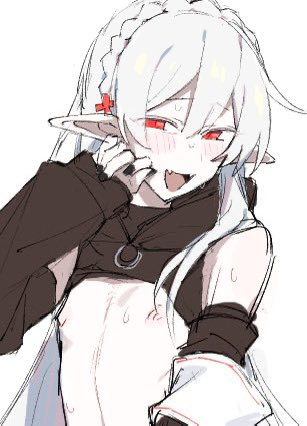 azuma shino, blush, braid, detached sleeves, fangs, flat chest, hand up, hood, hooded jacket, jacket, long hair, looking at viewer, nipples, pale skin, pointy ears, red eyes, skin fangs, skinny, squinting, sweat, white hair
