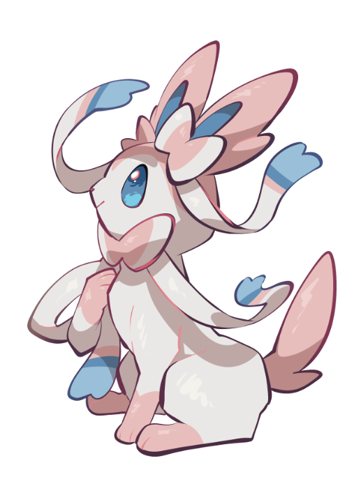 yumeminoideyu2, sylveon, nintendo, pokemon, animal focus, animal hands, blue eyes, bow, closed mouth, full body, gen 6 pokemon, looking to the side, no humans, pink fur, pokemon (creature), pokemon focus, ribbon, simple background, sitting, smile, solo, two-tone fur, white background, white fur