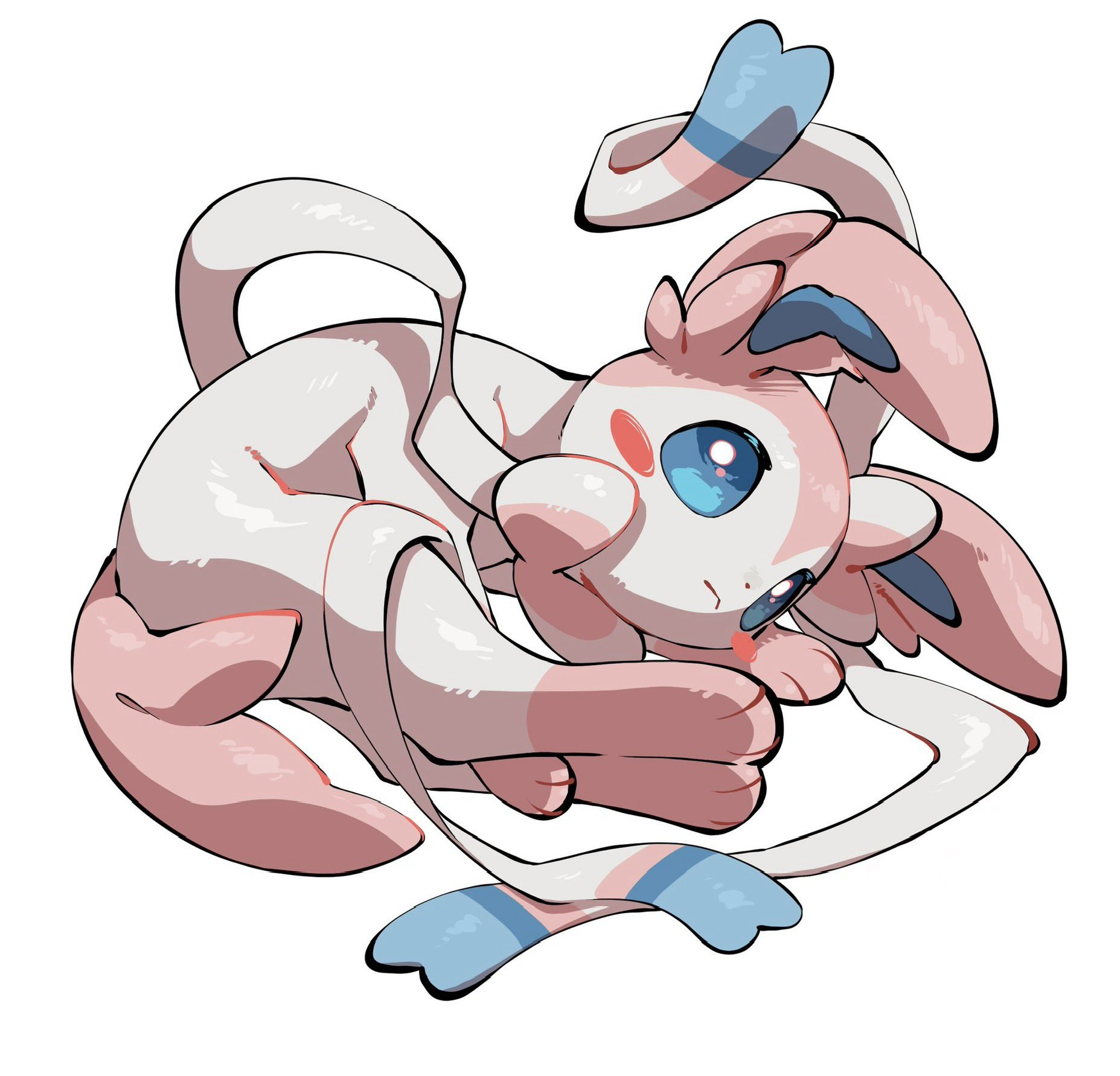 yumeminoideyu2, sylveon, nintendo, pokemon, highres, :<, animal focus, animal hands, blue eyes, blush stickers, bow, closed mouth, full body, gen 6 pokemon, looking at viewer, lying, no humans, on side, pink fur, pokemon (creature), pokemon focus, ribbon, simple background, solo, two-tone fur, white background, white fur