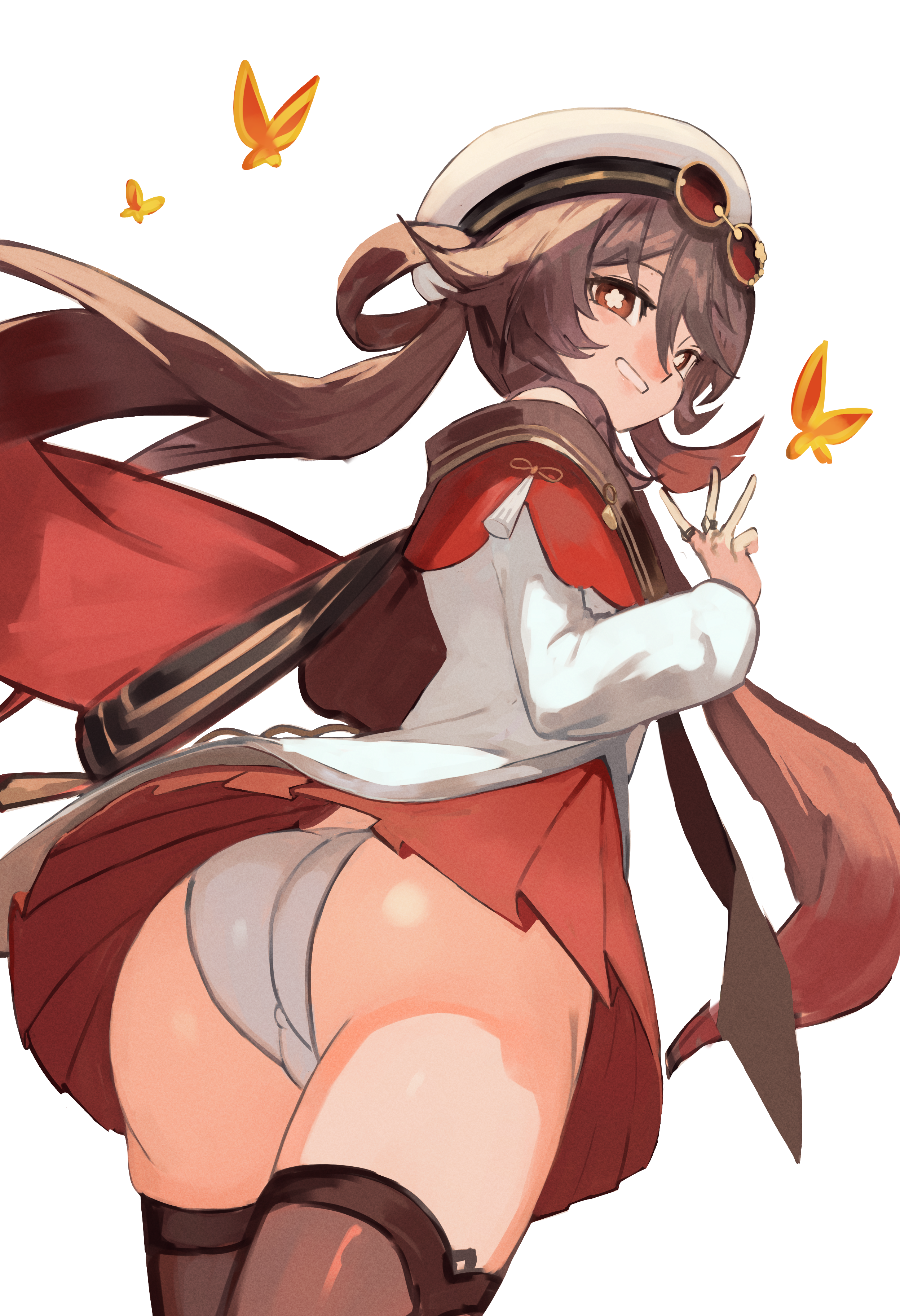 trustyskittles, hu tao (cherries snow-laden) (genshin impact), hu tao (genshin impact), genshin impact, absurdres, highres, 1girl, ass, brown hair, bug, butterfly, flower-shaped pupils, from behind, from below, insect, long hair, official alternate costume, panties, red eyes, red skirt, simple background, skirt, smile, solo, symbol-shaped pupils, underwear, upskirt, very long hair, w, white background, white panties