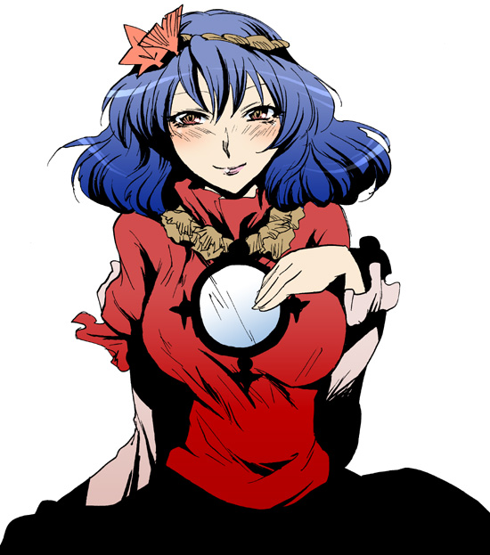 aku (dejigiga), yasaka kanako, touhou, bad id, bad pixiv id, 1girl, breasts, female focus, hair ornament, leaf hair ornament, purple hair, short hair, solo, yellow eyes