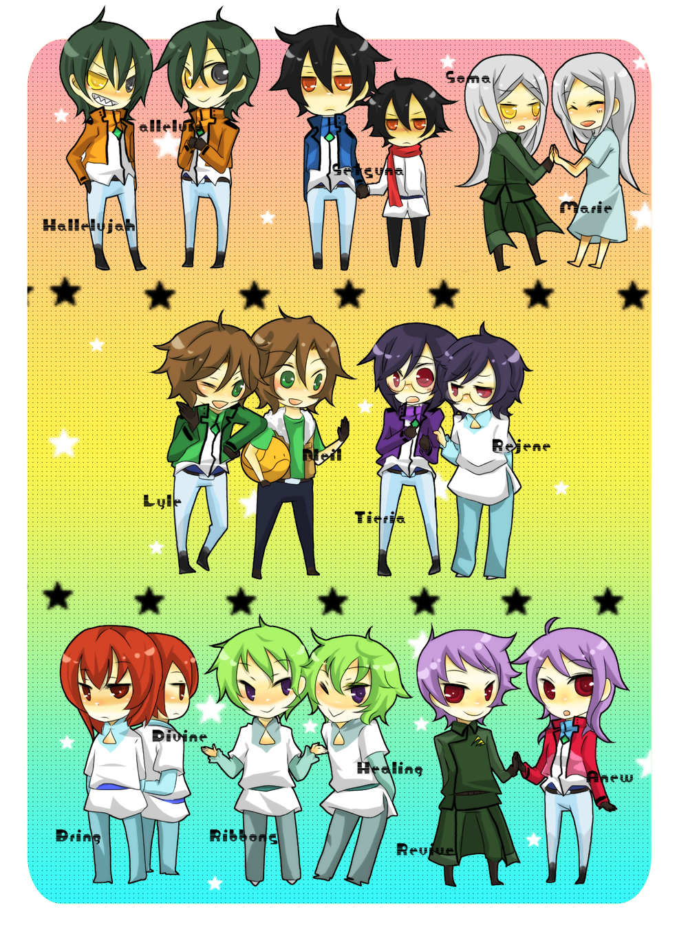 kina (artist), kina (sayonara gokko), allelujah haptism, anew returner, bring stabity, divine nova, hallelujah haptism, haro, hilling care, lockon stratos, lyle dylandy, marie parfacy, neil dylandy, regene regetta, revive revival, ribbons almark, setsuna f. seiei, soma peries, tieria erde, gundam, gundam 00, highres, 00s, 4girls, 6+boys, black hair, brown hair, dual persona, full body, green hair, innovators (gundam 00), long sleeves, looking at viewer, multiple boys, multiple girls, pants, purple hair, red eyes, short hair, spiked hair, standing, sweater