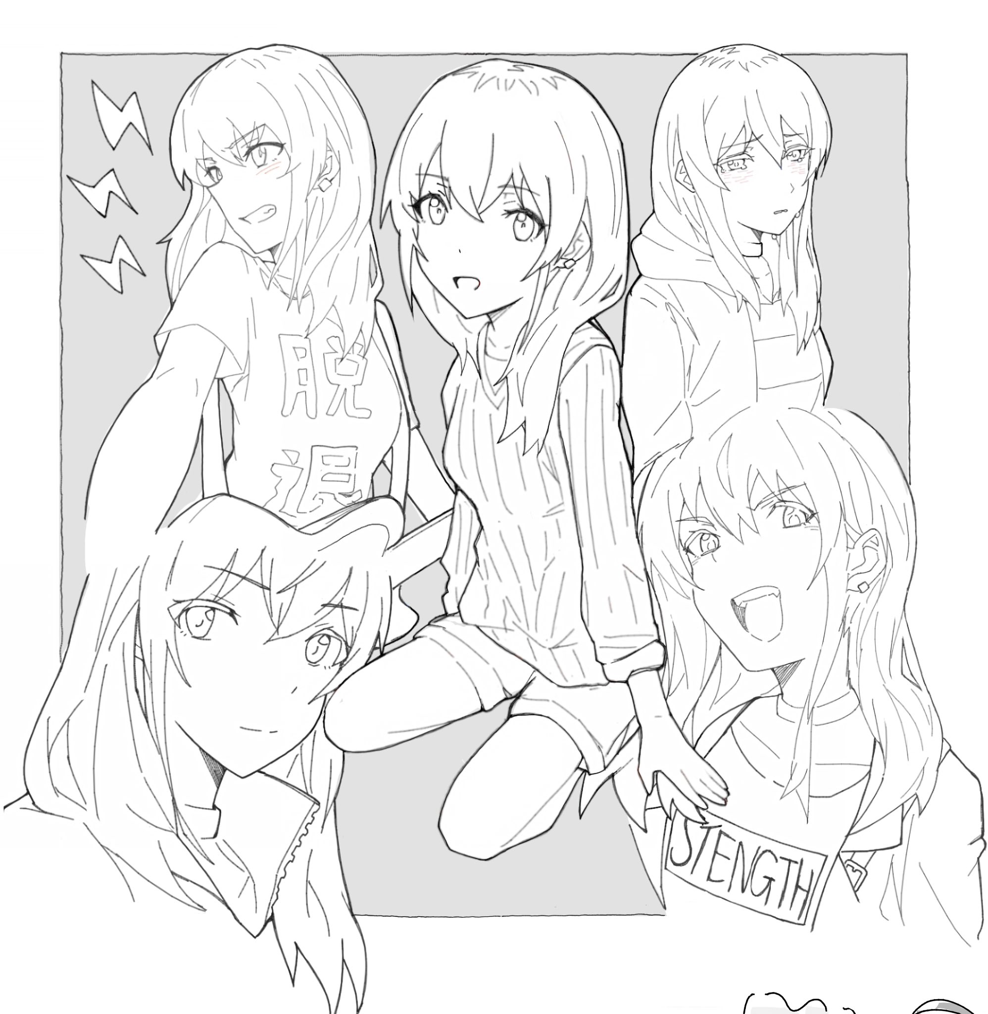n nai nai n, kawaragi momoka, girls band cry, commentary, hashtag-only commentary, highres, 1girl, blush, choker, clenched teeth, closed mouth, crying, crying with eyes open, earrings, greyscale, hood, hoodie, jacket, jewelry, long hair, monochrome, multiple views, open mouth, shikai no sumi kuchiru oto, shirt, short sleeves, shorts, skinny legs, sweater, tears, teeth, thin calves, thin thighs, upper teeth only