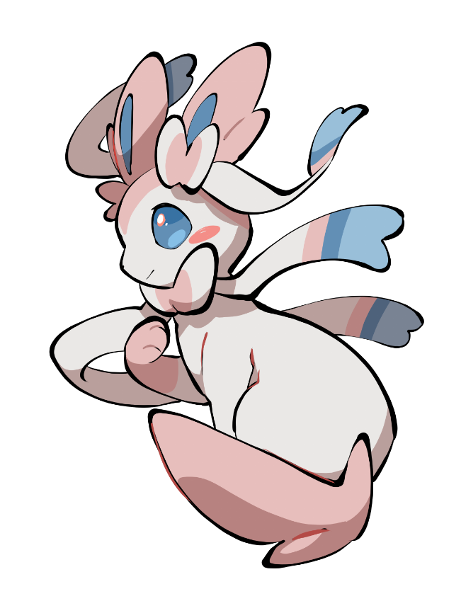 yumeminoideyu2, sylveon, nintendo, pokemon, animal focus, animal hands, blue eyes, blush stickers, bow, closed mouth, full body, gen 6 pokemon, looking to the side, no humans, paw up, pink fur, pokemon (creature), pokemon focus, ribbon, simple background, sitting, solo, two-tone fur, white background, white fur