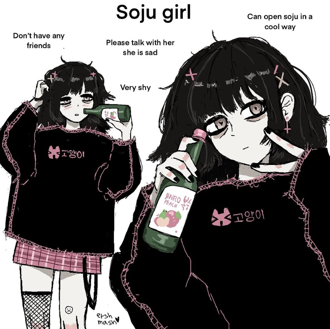 ershmash, original, 1girl, alcohol, arm up, bags under eyes, black hair, black nails, black sweater, blunt bangs, bottle, cross, cross earrings, earrings, fishnet thighhighs, fishnets, glass bottle, grey eyes, grey skirt, hair ornament, heart, heart-shaped pupils, holding, holding bottle, jewelry, long hair, long sleeves, nail polish, simple background, single fishnet legwear, skirt, soju, solo, sweater, symbol-shaped pupils, thighhighs, white background, x hair ornament