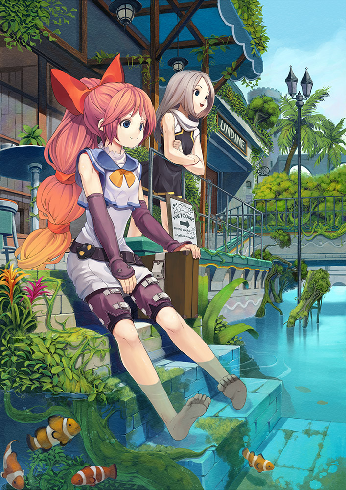 saitou takeo, original, 2girls, barefoot, belt, blue eyes, bow, buckle, cheerleader, city, clownfish, detached sleeves, dress, feet, female focus, fingerless gloves, fish, gloves, gradient hair, hair bow, lamp, lamppost, long hair, multicolored hair, multiple girls, nature, orange hair, outdoors, palm tree, plant, ponytail, porch, restaurant, sitting, sitting on stairs, slice of life, smile, soaking feet, stairs, tree, veranda, water, water city