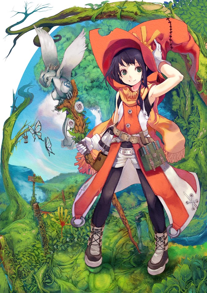saitou takeo, original, 1girl, animal, armpits, bird, black pantyhose, bug, butterfly, female focus, gloves, hat, insect, nature, orange scarf, pantyhose, pantyhose under shorts, scarf, shorts, smile, solo, staff, white gloves, witch hat
