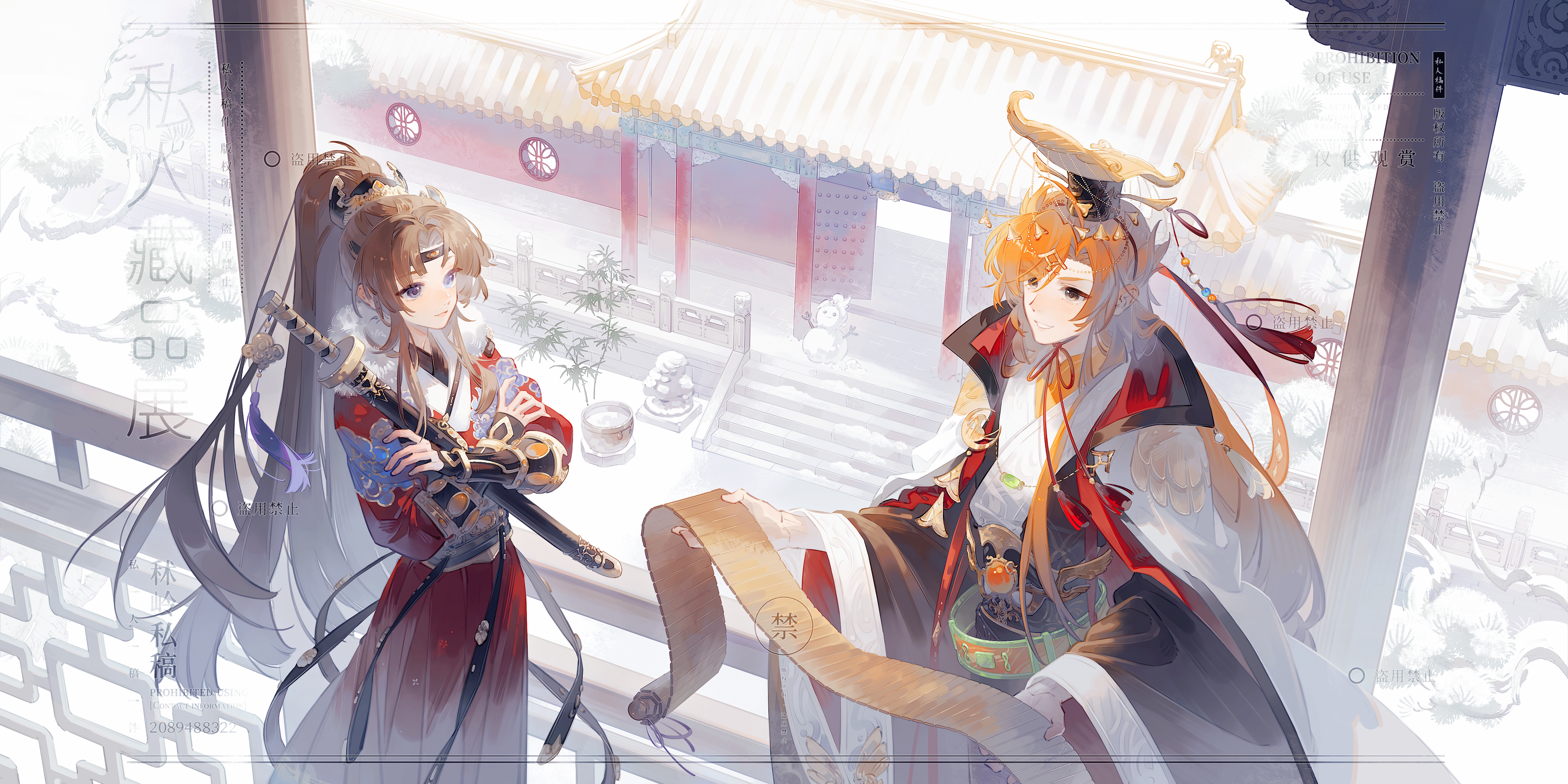 shuling, female master (the tale of food), peking duck (the tale of food), the tale of food, character snowman, absurdres, commission, highres, procreate (medium), 1boy, 1girl, alternate costume, architecture, arm guards, balcony, bamboo slips, belt, black headband, black robe, blue eyes, brown eyes, brown hair, cape, chin strap, chinese clothes, closed mouth, cloud print, crescent, crescent pin, crossed arms, curtained hair, day, east asian architecture, from above, fur-trimmed robe, fur trim, gate, gem, green belt, guan hat, hair ornament, headband, high ponytail, holding, holding scroll, holding sword, holding weapon, lattice, long hair, long sleeves, longpao, looking ahead, looking at another, mian guan, official alternate costume, orange gemstone, orange hair, parted bangs, parted lips, pillar, pine tree, ponytail, red robe, robe, scroll, sheath, sheathed, smile, snow, snowman, stairs, standing, statue, sweater guard, swept bangs, sword, sword tassel, tassel, tassel hair ornament, tree, very long hair, weapon, white cape, white robe, wide sleeves, xiangyun, xiao guan (headdress), yesa robe