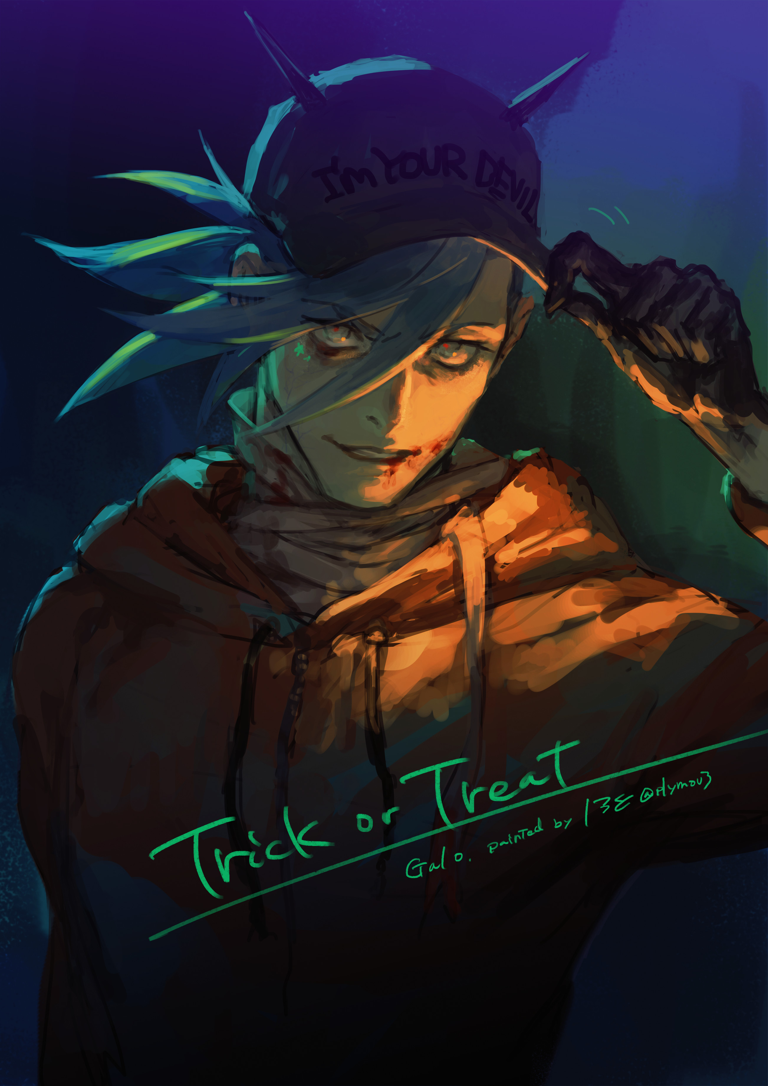 plytometo, galo thymos, promare, absurdres, commentary request, highres, 1boy, baseball cap, blood, blood on face, blue eyes, blue hair, drawstring, hair between eyes, hat, hood, hood down, jacket, looking at viewer, male focus, orange jacket, red pupils, short hair, solo, trick or treat, upper body