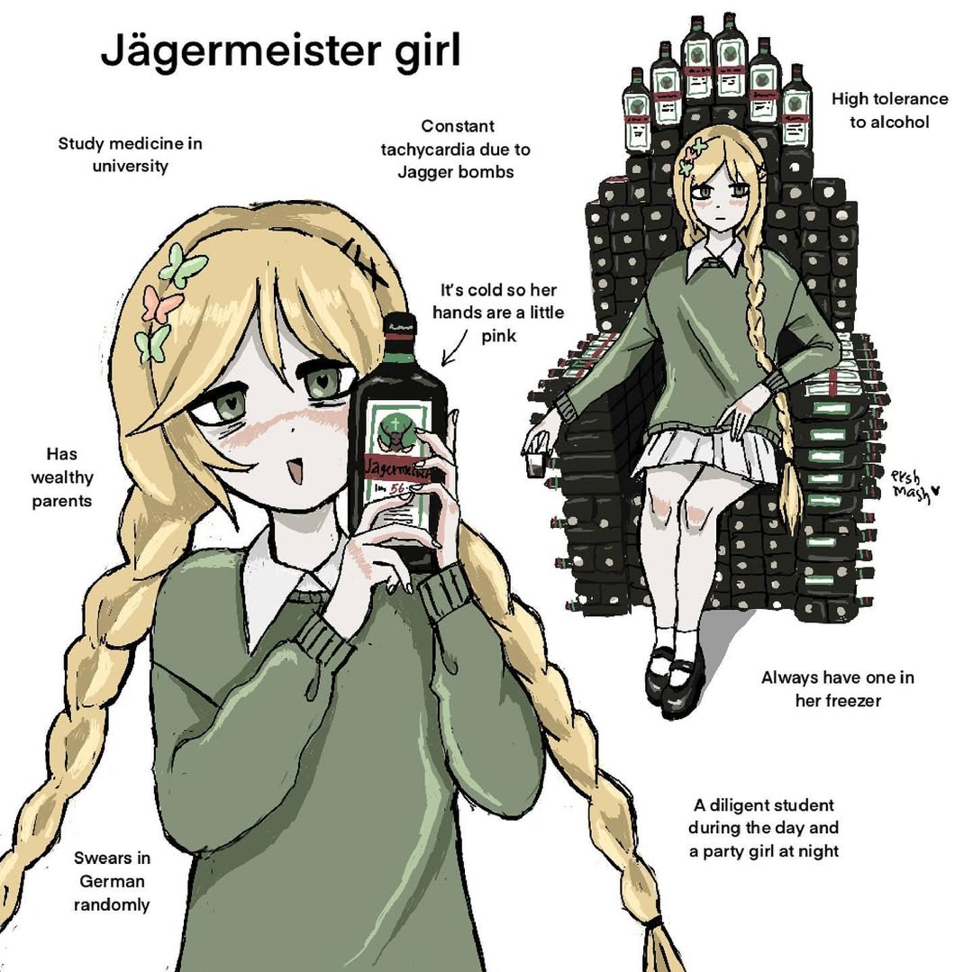 ershmash, original, 1girl, bags under eyes, black shoes, blonde hair, blush, bottle, braid, brown eyes, brown sweater, butterfly hair ornament, cowboy shot, cup, hair ornament, hairclip, heart, heart-shaped pupils, holding, holding bottle, holding cup, jagermeister, long hair, long sleeves, open mouth, pleated skirt, shirt, shoes, simple background, skirt, smile, socks, sweater, symbol-shaped pupils, throne, twin braids, very long hair, white background, white shirt, white skirt, white socks