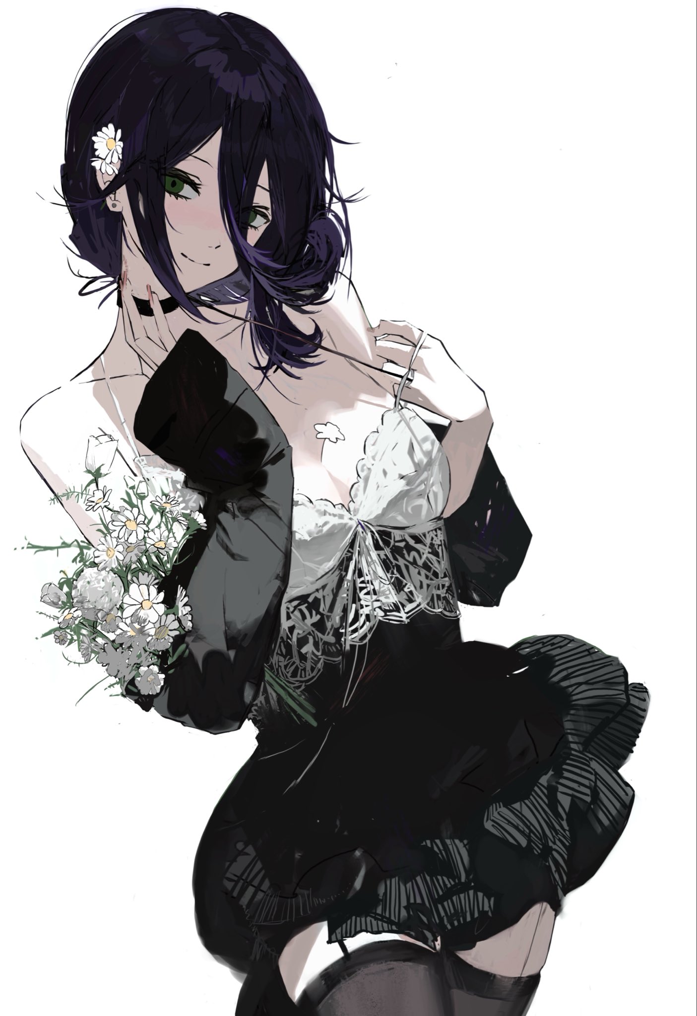 shuishuisama, reze (chainsaw man), chainsaw man, commentary, highres, 1girl, alternate costume, asymmetrical sleeves, bare shoulders, between breasts, black choker, black dress, black hair, black sleeves, black thighhighs, breasts, carrying, carrying under arm, choker, cleavage, closed mouth, collarbone, cowboy shot, daisy (flower), detached sleeves, double-parted bangs, dress, dutch angle, flower, garter straps, hair between eyes, hair flower, hair ornament, hand on own neck, head tilt, light blush, light smile, long bangs, long hair between eyes, long sleeves, looking at viewer, medium breasts, nail polish, pink nails, short dress, sidelocks, simple background, single sleeve past wrist, sketch, sleeveless, sleeveless dress, solo, spaghetti strap, split mouth, strap pull, thighhighs, uneven sleeves, updo, upper body, white background, white flower
