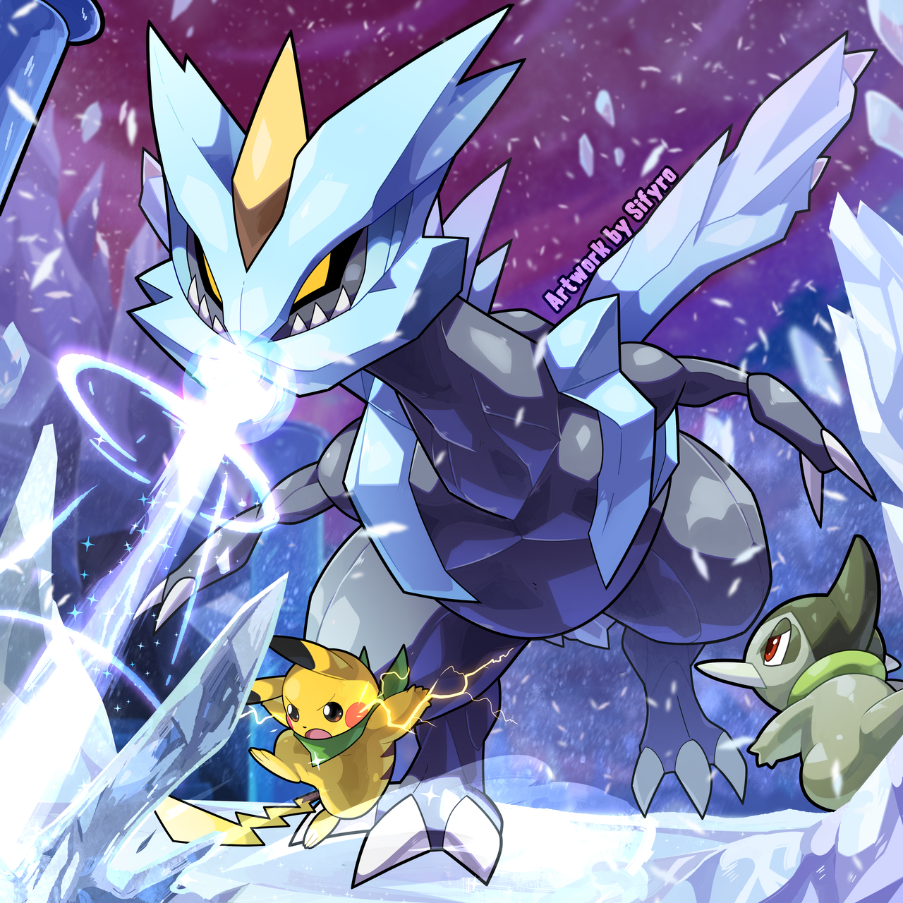 sifyro, axew, kyurem, pikachu, nintendo, pokemon, pokemon mystery dungeon, pokemon mystery dungeon: gates to infinity, highres, artist name, battle, claws, colored sclera, electricity, gen 1 pokemon, gen 5 pokemon, green neckerchief, ice beam (pokemon), legendary pokemon, looking at another, neckerchief, no humans, pokemon (creature), pokemon focus, red eyes, yellow sclera