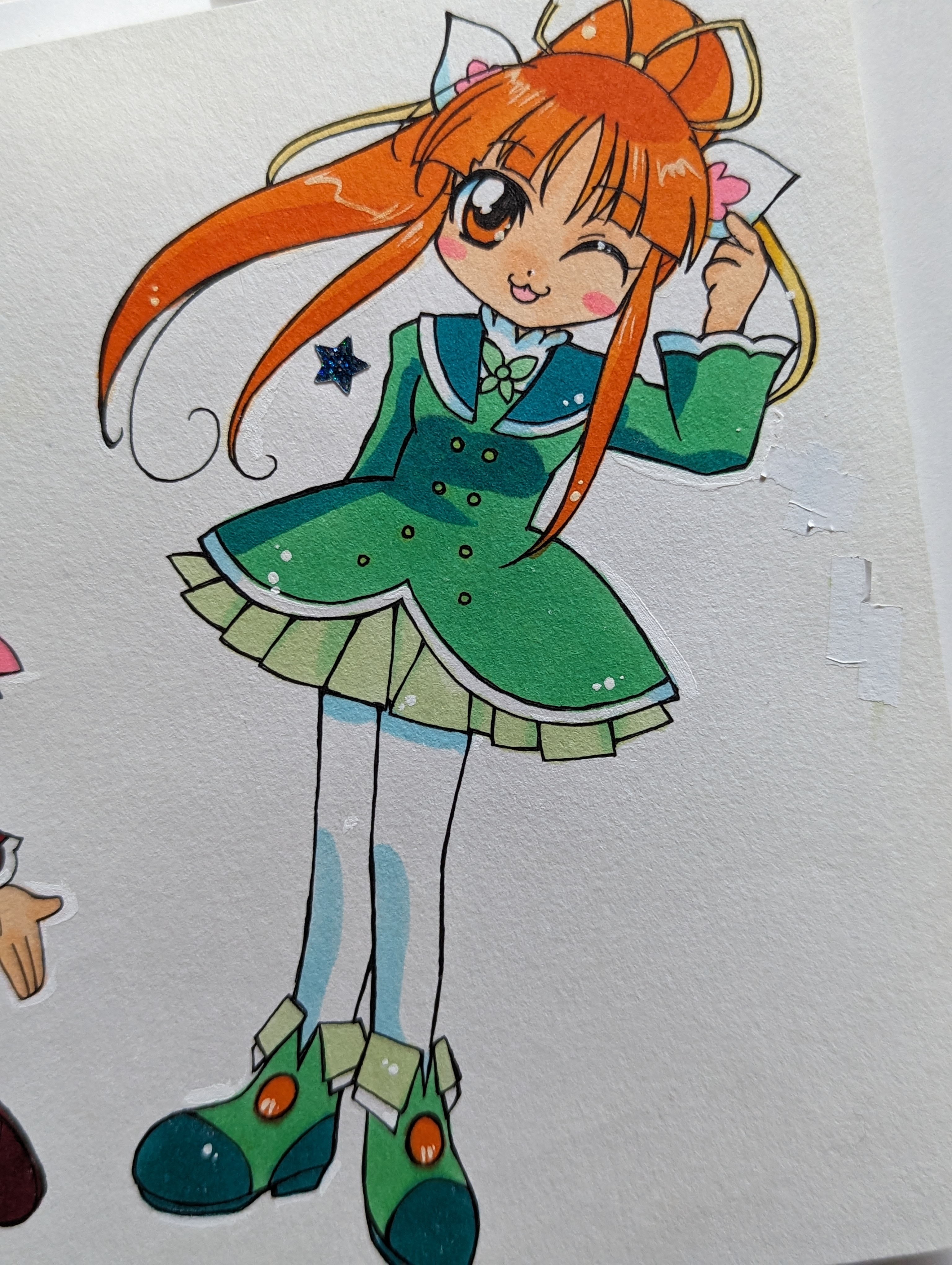 miya. (pixiv 104205050), fushigiboshi no futago hime, fushigiboshi no futago hime gyu, absurdres, commentary, highres, marker (medium), photo (medium), traditional media, 1girl, ;3, ;d, animal ears, ankle boots, arm behind back, blush stickers, boots, buttons, cut bangs, dot nose, double-breasted, full body, green boots, green jacket, green skirt, hair ribbon, hand up, high ponytail, index finger raised, jacket, legs together, leonne (futagohime), lion ears, lion girl, long hair, long sidelocks, long sleeves, looking at viewer, one eye closed, open mouth, orange eyes, orange hair, pantyhose, pleated skirt, ponytail, ribbon, royal wonder academy school uniform, school uniform, sidelocks, simple background, skirt, smile, solo, standing, star (symbol), star sticker, sticker, white background, white pantyhose, wide sleeves