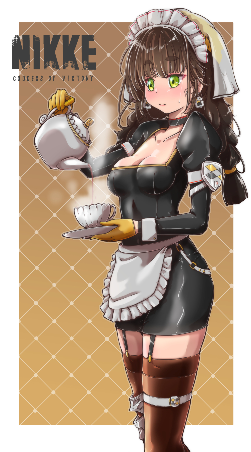 margherita832, chime (nikke), goddess of victory: nikke, highres, 1girl, apron, barista, blush, braid, breasts, brown hair, cleavage, cowgirl position, cup, dress, garter straps, gloves, green eyes, holding, holding cup, holding teapot, holding tray, maid, maid headdress, medium breasts, pouring, solo, straddling, tea, teacup, teapot, thighhighs, tray, twin braids