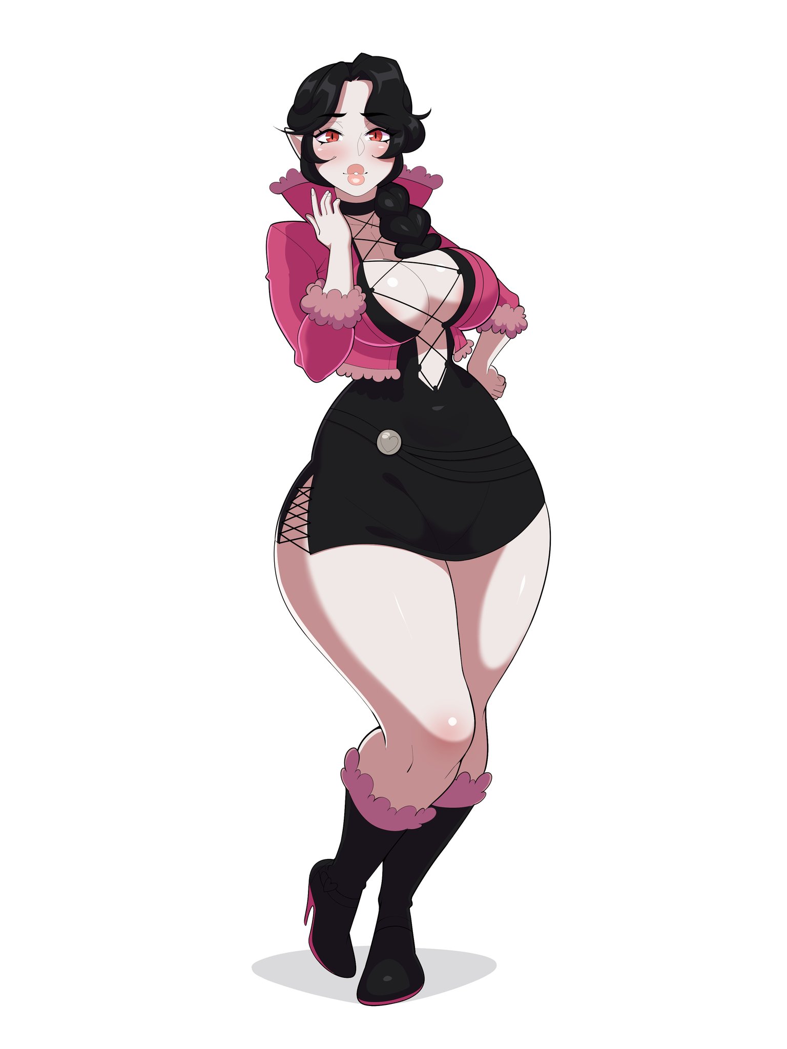 shermie (kof), valerie (sobossweagner), original, the king of fighters, the king of fighters xv, commentary, english commentary, highres, 1girl, 2022, black boots, black choker, black dress, black hair, blush, boots, braid, breasts, choker, cleavage, cosplay, cross-laced clothes, dress, eyebrows hidden by hair, female focus, full body, fur-trimmed boots, fur-trimmed jacket, fur trim, groin tendon, high heel boots, high heels, jacket, large breasts, legs together, long hair, looking at viewer, low-braided long hair, low-tied long hair, parted bangs, parted lips, pink jacket, pink trim, pointy ears, shadow, side slit, simple background, solo, standing, standing on one leg, thick lips, thick thighs, thighs, vampire