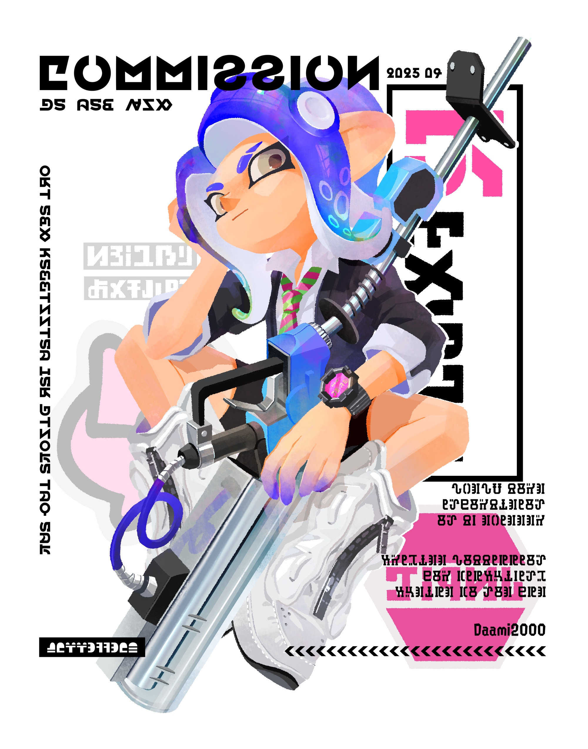 daami (daami2000), octoling girl, octoling player character, nintendo, splatoon (series), splatoon 3, absurdres, commentary, commission, highres, symbol-only commentary, 1girl, blue hair, closed mouth, e-liter 4k (splatoon), eyebrow cut, grey eyes, holding, holding weapon, inkling (language), long hair, octoling, shoes, sitting, solo, tentacle hair, weapon, white shoes
