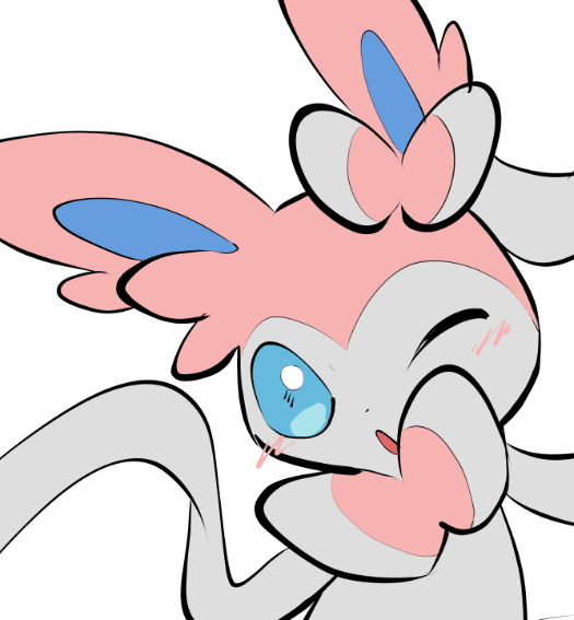 yumeminoideyu2, sylveon, nintendo, pokemon, :o, animal focus, blue eyes, blush, bow, gen 6 pokemon, looking at viewer, no humans, one eye closed, open mouth, pink fur, pokemon (creature), pokemon focus, ribbon, simple background, solo, two-tone fur, upper body, white background, white fur