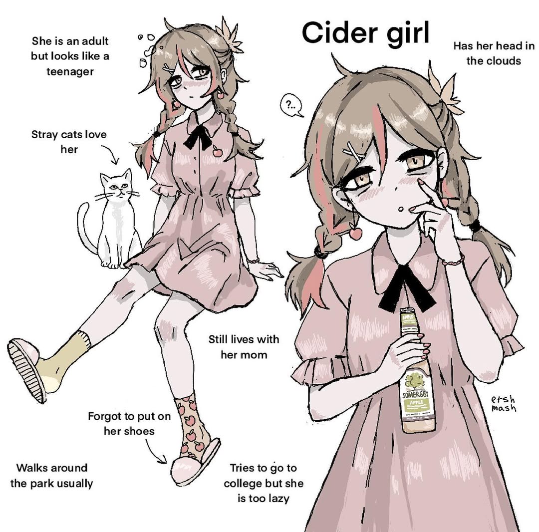 ershmash, original, 1girl, bags under eyes, black ribbon, blush, bottle, bracelet, braid, cat, collared dress, cowl, dress, frilled sleeves, frills, glass bottle, grey dress, hair between eyes, hair ornament, hairclip, hands up, holding, holding bottle, jewelry, long hair, long sleeves, low twin braids, messy hair, neck ribbon, parted lips, puffy short sleeves, puffy sleeves, ribbon, sandals, short sleeves, simple background, sitting, socks, speech bubble, squeans, twin braids, white background, white cat, x hair ornament