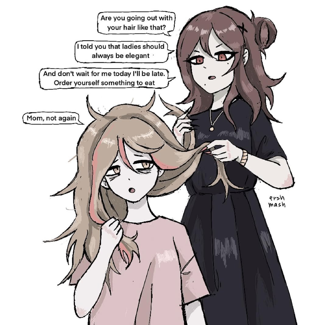ershmash, original, 2girls, artist name, bags under eyes, black dress, black nails, bracelet, brown hair, dress, english text, fingernails, grey shirt, hair between eyes, hair bun, half up bun, holding another's hair, jewelry, messy hair, mole, mole on cheek, mole under eye, mother and daughter, multiple girls, nail polish, necklace, open mouth, sharp fingernails, shirt, short sleeves, signature, simple background, single hair bun, speech bubble, white background