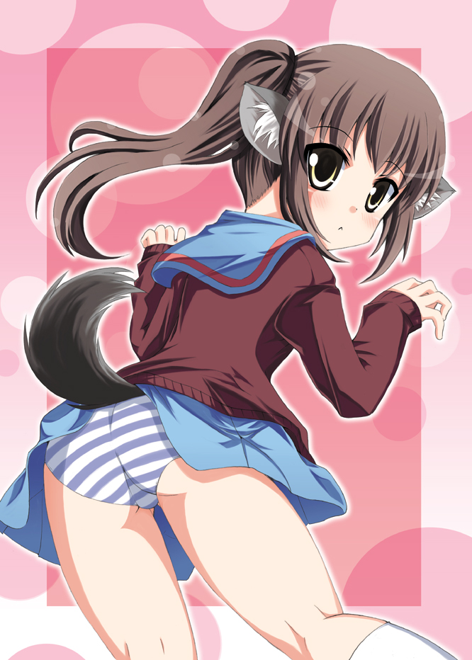 k hiro, kyonko, suzumiya haruhi no yuuutsu, 00s, 1girl, animal ears, ass, dog ears, female focus, genderswap, genderswap (mtf), looking back, panties, ponytail, solo, striped clothes, striped panties, tail, underwear