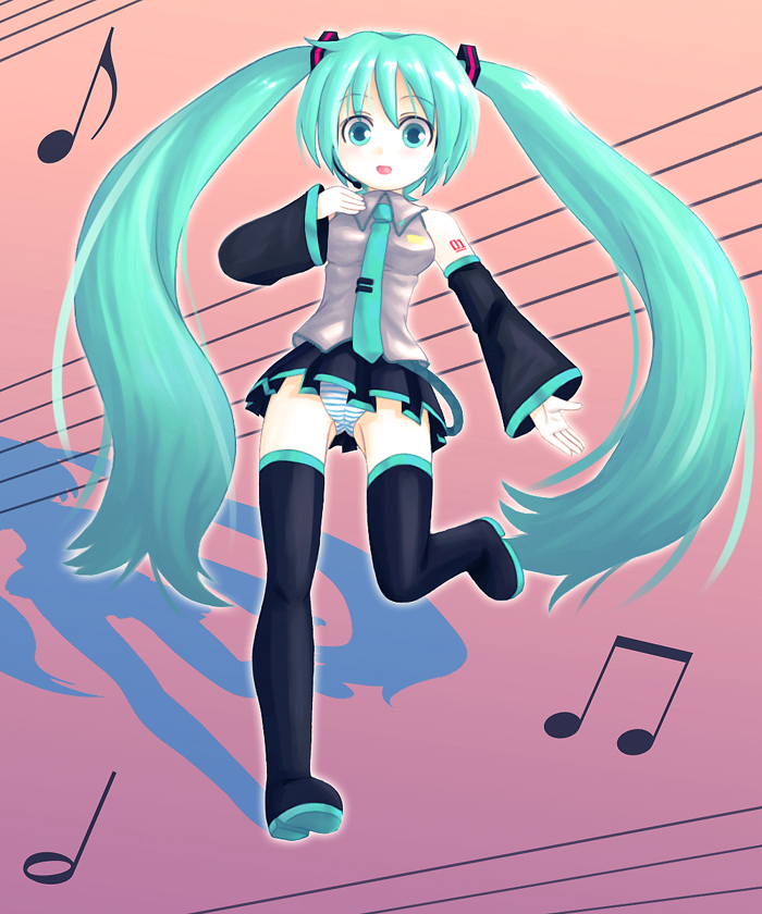 ebi tendon, hatsune miku, vocaloid, 1girl, aqua hair, female focus, long hair, musical note, panties, solo, striped clothes, striped panties, thighhighs, twintails, underwear, upskirt, very long hair