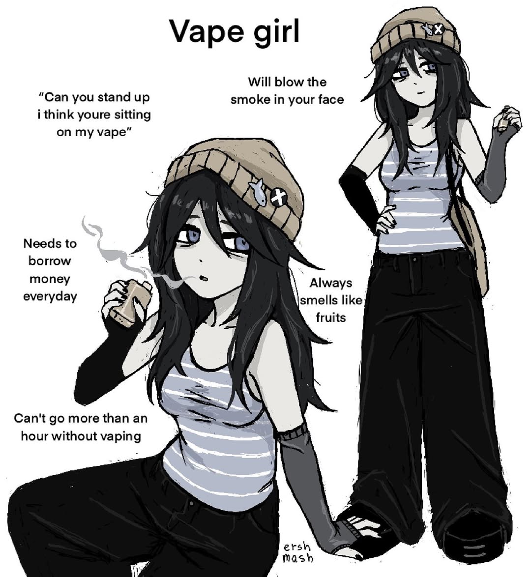 ershmash, original, 1girl, bag, bags under eyes, beanie, black arm warmers, black hair, black nails, black pants, black shoes, blue eyes, electronic cigarette, grey arm warmers, grey hat, hair between eyes, hand on own hip, hat, holding electronic cigarette, long hair, mismatched arm warmers, nail polish, pants, parted lips, pink tank top, shoes, shoulder bag, simple background, smoke, smoking, tank top, white background