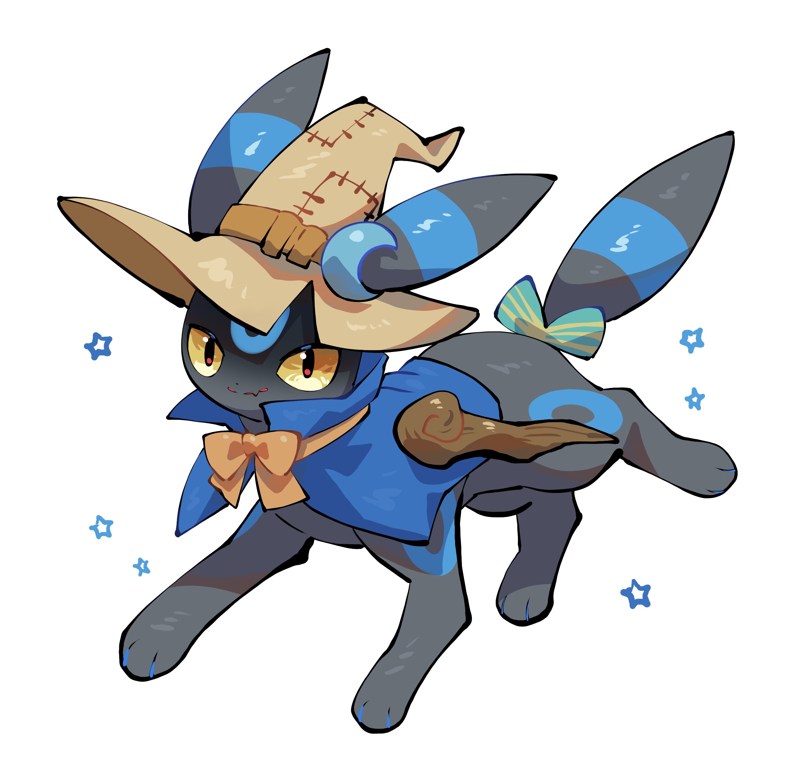 yumeminoideyu2, umbreon, nintendo, pokemon, absurdres, highres, alternate color, animal focus, animal hands, aqua bow, black fur, blue capelet, blue fur, bow, bowtie, brown hat, capelet, closed mouth, clothed pokemon, crescent, facial mark, fang, forehead mark, full body, gen 2 pokemon, hat, looking at viewer, no humans, orange bow, orange bowtie, pokemon (creature), pokemon focus, shiny pokemon, simple background, skin fang, solo, staff, standing, star (symbol), tail, tail bow, tail ornament, white background, witch hat, yellow eyes