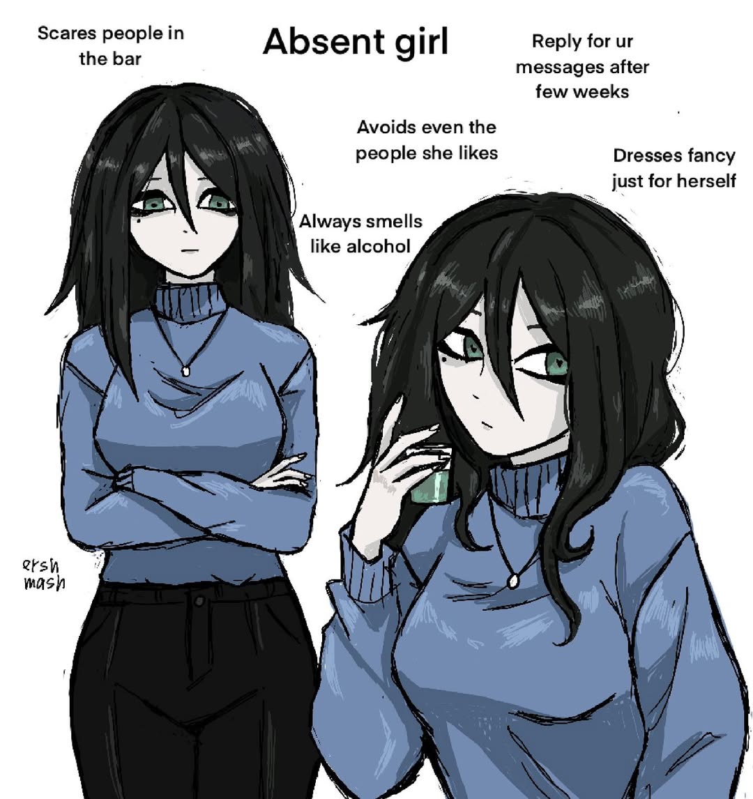 ershmash, original, 1girl, arms under breasts, artist name, black hair, black pants, blue sweater, breasts, crossed arms, cup, english text, expressionless, hair between eyes, holding, holding cup, jewelry, long hair, looking at viewer, medium breasts, mole, mole under eye, necklace, pants, signature, simple background, sweater, turtleneck, turtleneck sweater, typo, white background
