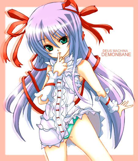 kannagi kaname, al azif (demonbane), demonbane, bad id, bad pixiv id, 00s, dress, frills, green eyes, hair ribbon, long hair, panties, pantyshot, purple hair, ribbon, short dress, solo, underwear, wrist cuffs