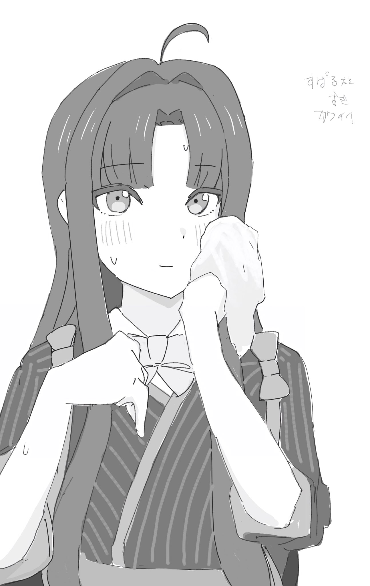 n nai nai n, awa subaru, girls band cry, highres, translation request, 1girl, ahoge, closed mouth, greyscale, hair intakes, japanese clothes, kimono, kuuhaku to catharsis, long hair, monochrome, parted bangs, sidelocks, simple background, solo, sweat, three-quarter sleeves, towel, upper body, white background, wiping sweat